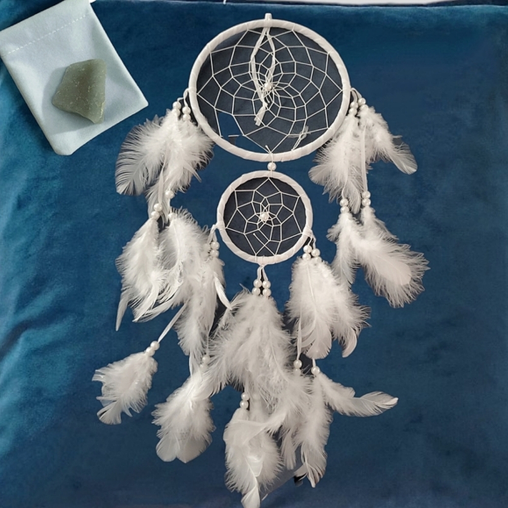 White Feather Dream Catcher with Raw Green Qaurtz Healing Crystal- NWOT